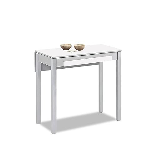 ASTIMESA - Mesa de Cocina Extensible - Minimalista - Estructura metálica - Superficie en Cristal Color: Blanco. Medidas: 80 cm x 40 cm. Medida Extensible: 80 cm x 60 cm