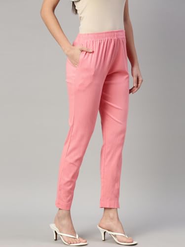Image of MINELLI Women Solid Cigar Pants, Cotton Lycra Slub Fabric, Elasticated Waistband, Pull On Style, Regular Fit Bottom Wear for Western and Ethnic Wear