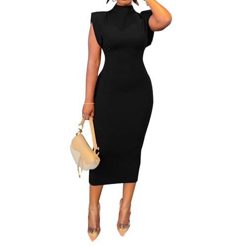 PINSV Maxi Dresses for Women Sleeveless High Neck Elegant Wedding Guest Formal Black XL