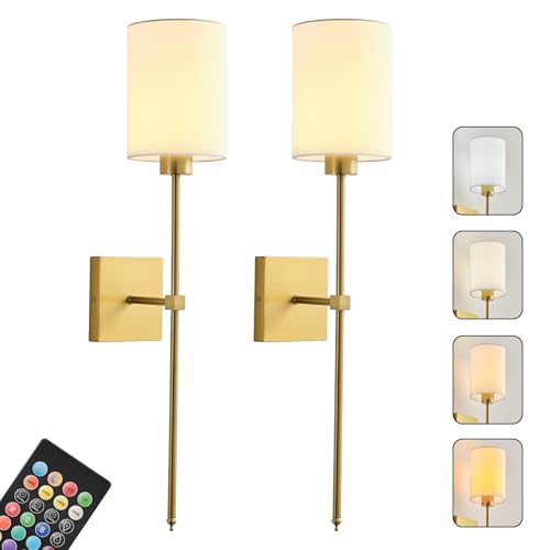 Image of Battery Operated Wall Sconce Set of Two,Wireless Rechargeable Wall Lights With Remote Control, Dimmable,4 CCT,RGB,Timer,Cordless Decor Lighting for Living Room, Bedroom, Entryway,Gold, 26.8 Inch