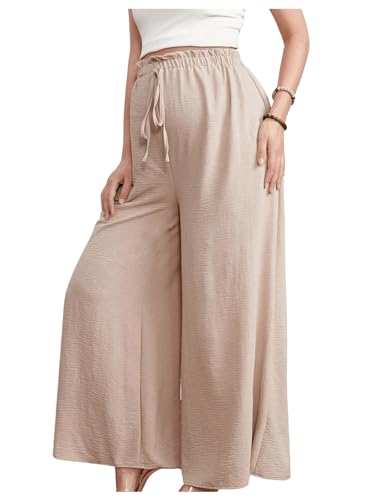 Image of BEAUDRM Women's Maternity Elastic High Waist Pants Knot Front Wide Leg Pregnancy Pants