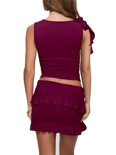 Image of 2 Piece Sets for Women Y2k Going Out Ruffle Trim Ruched Tank Top And High Waist Skirt Set Club Mini Dress