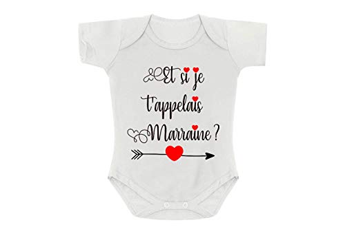 Créa03 Body/bodie blanc 100% coton 'Et si je t'appelais Marraine? 1 mois idée-cadeau-annonce-naissance-noël-anniversaire-baptême
