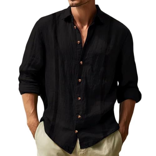 Generic Mens Linen Shirts Long Sleeve Button Down Tops Loose Lapel Casual T-shirts Breathable Beach Tees Spring Summer Fall2