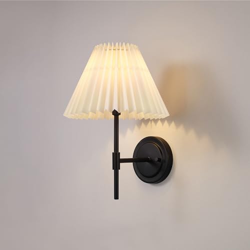 Image of Globe Electric 1-Light Wall Sconce, Matte Black, White Pleated Fabric Shade, E12 Base Socket, Candelabra Bulb, Living Room Lighting, Home Essentials, Decor, Bedroom, Mounted Bedside Lamp