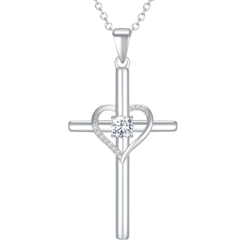 NORBU 925 Sterling Silver Cross Necklace for Women, Heart Cross Necklaces with 5A CZ Diamond, Womens' Religious Christian Jewelry Gift for Birthday Baptism Christmas