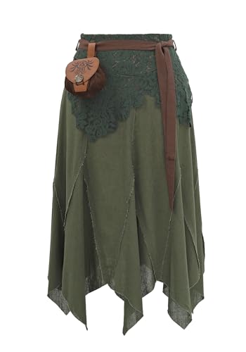 Koalswm Women's Renaissance Fairy Skirt Victorian Flowy Layered Drape Forest Dweller Midi Skirts with Bag (US, Alpha, X-Large, Regular, Regular, Green)
