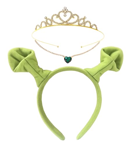 Sheliky 3Pcs Green Ogre Ears Headband Princess Crown Necklace Halloween Dress up Costume Set Women Party Supplies (SET A)