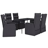 WEHUOSIF 7-Piece Garden Dining Set with Black PE Rattan and Powder-Coated Steel Frame, Rectangular Glass Top Table and Six Cushioned Chairs with Adjustable Backrests for Outdoor Patio