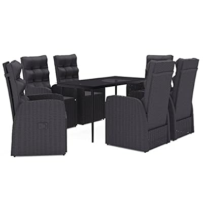 WEHUOSIF 7-Piece Garden Dining Set with Black PE Rattan and Powder-Coated Steel Frame, Rectangular Glass Top Table and Six Cushioned Chairs with Adjustable Backrests for Outdoor Patio