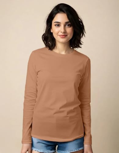 Image of JUNEBERRY Pure Cotton Round Neck Regular Fit Core Fashion Solid Full Sleeve T-Shirt for Women & Girls (Colors: Black, Cork, Green, Navy, Swanwhite & White)