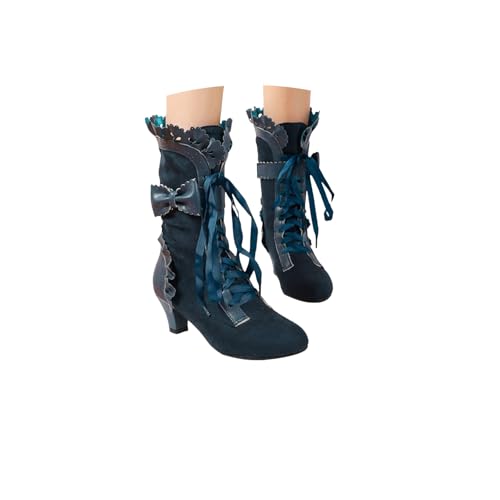 Botas victorianas, con cordones a media pantorrilla, puntera redonda, estilo vintage, con volantes, estilo gótico, de tacón medio, para vestido de novia, de bruja, de Halloween, a media pantorrilla