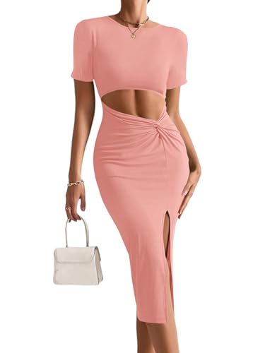 Image of Rooscier Women's Twist Cutout Waist Split Crewneck Short Sleeve Bodycon Midi Dress