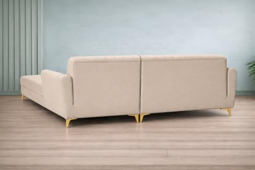Image of Adorn India Premium Luster 6 Seater L Shape Sofa Set | Velvet Suede Fabric | 3-Year Warranty | RHS |Color Cream with Golden Legs & Striped Pattern Cushion