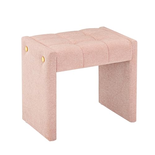 LUE BONA Modern Grid Tufted Vanity Bench Stool 4.33 Thick Chenille Upholstered Ottoman Footstool for Makeup Room Bedroom & Living Room 200lbs Capacity Pink