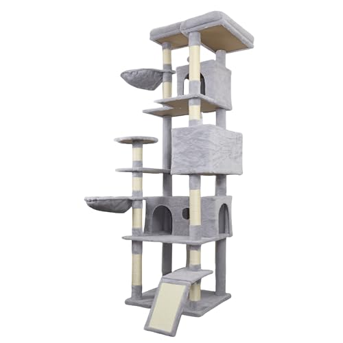 HomeCyber Cat Tower with Sisal Scratching Posts, 84.6 Inches, All Breed Sizes, Climbing and Cuddling, Particle Board, Floor Mount, Light Gray