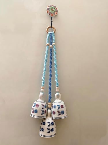Image of RHD Blessing Macrame with Ceramic Bell Hanging Ornament and Hooks | Boho Macrame Design Wall Decoration for Diwali, Home & Balcony | (Set of 1)