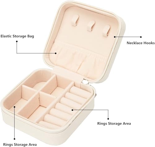 Image of Jewelry Organizer PU Leather Zipper Portable Storage Box Case with Dividers Container for Rings, Earrings, Necklace Home Organizer (White)