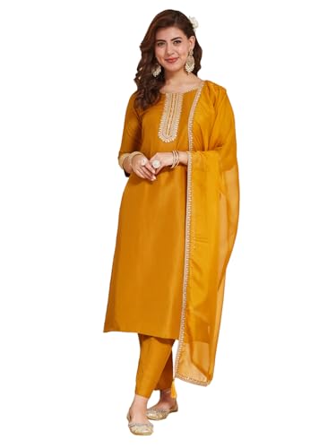 Image of MOKOSH Women's Silk Blend Embroidered Kurta Pant with Dupatta
