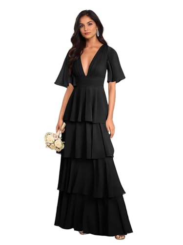 Tiered Bridesmaid Dresses for Women with Sleeves Chiffon V Neck Short Sleeves A-line Long Formal Dress