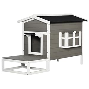 PawHut Wooden Cat House Outdoor with Door, Weatherproof 2-Floor Feral Cat Shelter with Asphalt Roof, Balcony, Dark Gray