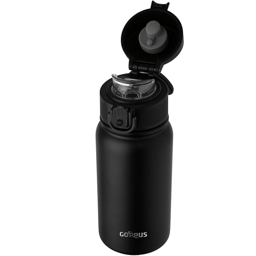 Image of GOPPUS Kids 12oz Insulated Stainless Steel Water Bottle, Leakproof Vacuum Tumbler with Carry Handle, Fits Cup Holders, Reusable Water Bottle for School Outdoor, Boys & Girls（Black）