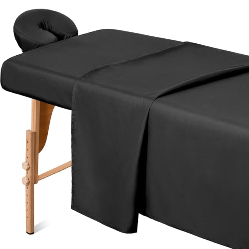 Comfyanno Massage Table Sheets Sets, 3 Pcs Professional Microfiber Massage Bed Cover Sheets, Soft, Light-Weight, Stain & Wrinkle Resistant, Includes Flat & Fitted Sheet, Face Cradle Cover - Black