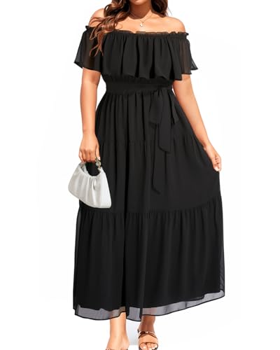 Image of Plus Size Chiffon Off The Shoulder Maxi Long Floral Summer Casual Beach Boho Sundress Women 2024