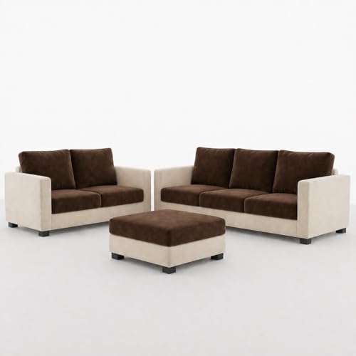 Image of FURNY Haster 3 Seater + 2 Seater Fabric Sofa Set with 1 Ottoman (Dark Brown-Cream) with Velvet Finish | Durable Comfort | Ideal for Living Room