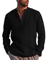 Fabric-Men's cotton linen shirts are made of 75% cotton and 29% linen, which are soft and comfortable, lightweight and breathable, and easy to care. Design-Men's henly shirt adopts the unique design, long sleeves, stand collar, v-neck design, and che...