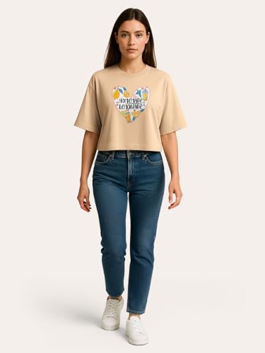 Image of HELLCAT Beige Printed Loose Fit Crew-Neck Crop T-Shirt for Women