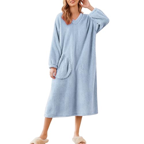 Generisch Nachthemd Damen Langarm V-Ausschnitt Nachtwäsche Lang Fleece Winterkleid Flauschige Weich Pyjama Bequem Kuschelig Loungewear Dicke Thermo...
