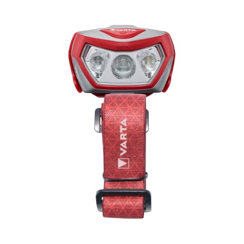 VARTA Stirnlampe LED inkl. 3x AAA Batterien Kopflampe, Outdoor Sports H20 Pro, drei Leuchtmodi, spritzwassergeschĂĽtzt, Dimmfunktion, mit schwenkbarem Kopf, rot