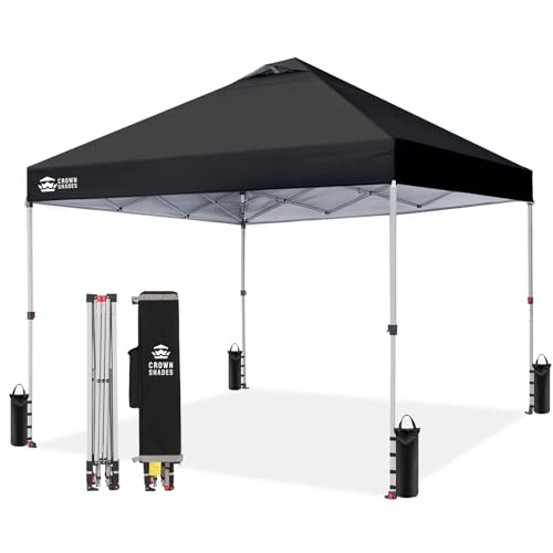 CROWN SHADES 10x10 Pop Up Canopy - Beach Tent with One Push Setup - Easy Outdoor Sun Shade for Events, Parties, Camping - Gazebo with STO-N-Go Cover Bag, Silver Coated Top, Black