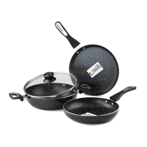 Image of 3-Piece Non-Stick Cookware Set - Tawa, Kadai with Glass Lid & Frying Pan | 3-Layer Non-Stick Coating | Induction & Gas Stove Compatible | Bakelite Cool-Touch Handles | Durable & Easy to Clean