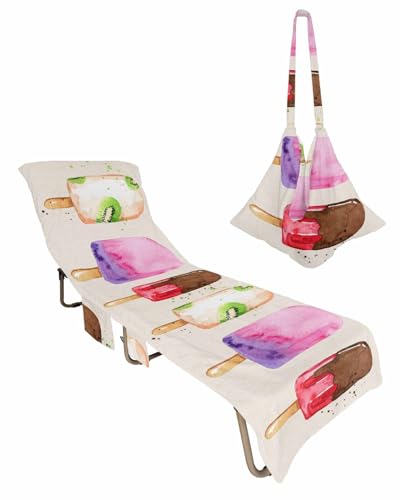 Ice Cream Beach Chair Towel Covers for Chaise Lounge with Side Pocket, Soft Plush Pool Towels Cover for Patio Sunbathing Outdoor 29''x85'' Summer Ombre Fruits Farmhouse Country