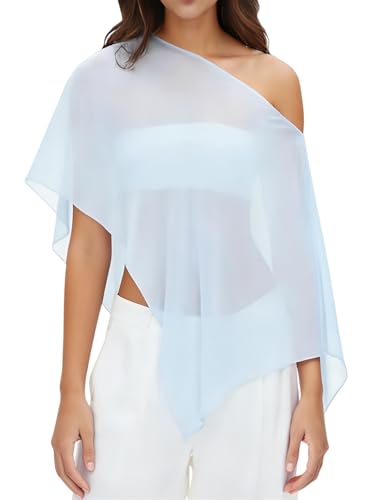 Alyweatry Women Chiffon Cape Shawls and Warps for Evening Dress Wedding Sheer Mesh Flowy Capelets Top (Baby Blue M)