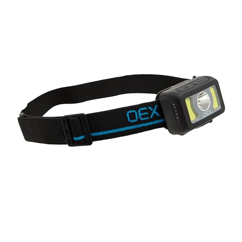 OEX 500 Lumen Rechargeable Head Torch with 3 Modes and 16 Metre Beam, Lightweight and Compact Head Lamp, Running Head Torch, Camping Accessories