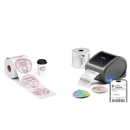 Image of Bluetooth Shipping Label Printer with 1 Roll Labels & 500PCS 2'' Circle Thermal Labels, D520BT Thermal Label Printer, Thermal Printers with Built-in Label Holder
