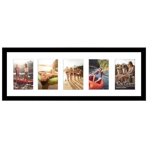 Americanflat Cadre Photo Collage Noir 20x61 cm - Affiche Cinq Photos 10x15 cm Horizontale ou Verticale. Verre Résistant aux Chocs - Matériel d'Accrochage Inclus