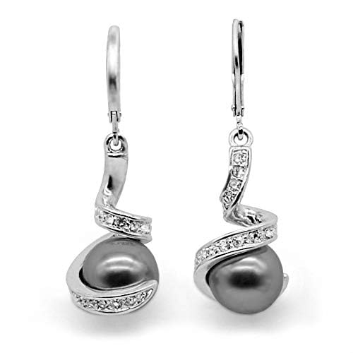 Xonojun Boucles d'oreilles Pendantes, Perle de Culture Grise, Argent Plaqué Et Cristal, Longues Boucles d'oreilles Crochets, Cadeau Noël Anniversaire Mariage...