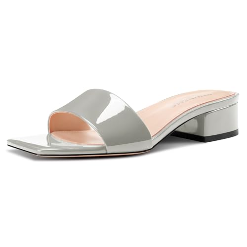 Image of TNYNFBEB Womens Chunky Block Low Heel Open Square Toe Sandals Mules Shoes Slip-on Prom Party Dress Patent Leather 1.4 Inches Heels