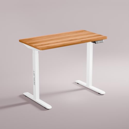 Image of Electric Standing Desk Height Adjustable Table | Ergonomic Sit Stand Workstation with Walnut Wood Grain Top | Motorized Computer Desk for Home Office (White Frame & Brown Top, 1200x600 mm)