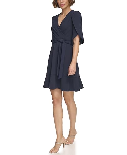 Image of DKNY Women's Tulip Sleeve Scuba Crepe Faux Wrap Dress