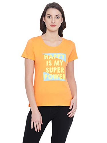 Image of Clovia Women's Cotton Rich Text Print T-Shirt in Orange