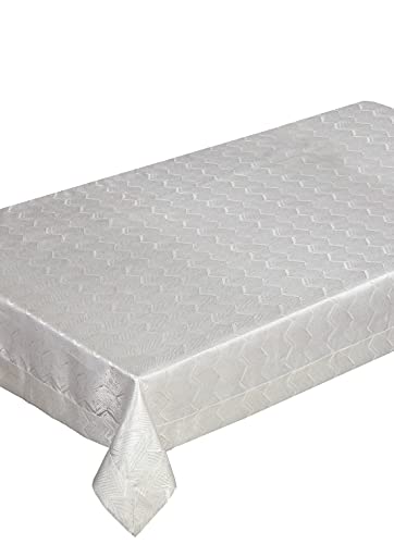 Violet Linen Princess Zig Zag Vertical Stripes Chevron Pattern, Polyester Jacquard, with Metallic Thread, Cream, 60 Inch by 95 Inch, Seats 6 to 8 people, Rectangular Tablecloths