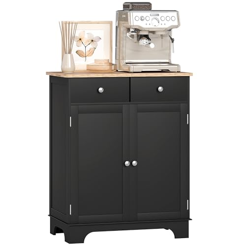 Image of HOMCOM Sideboard with Solid Wood Countertop, Modern Kitchen Storage Cabinet, Coffee Bar Cabinet with 2 Drawers, Doors and Adjustable Shelf, Black