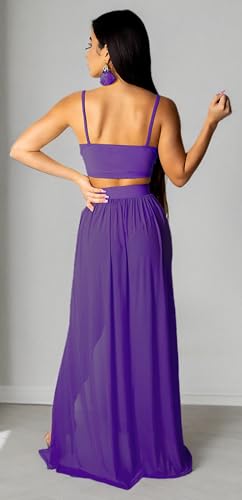 Swimsuit Cover Ups for Women 2 Piece Outfits Chiffon Strap Deep V Neck Bra Crop Top High Split Maxi Dress Skirt Set Beachwear Purple Xs