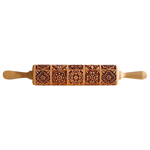 Vintage Rolling Pin Embossed,Christmas Wooden Rolling Pins - 3D Engraved Embossing Rolling Pin Fondant Dough Vintage Pattern Engraved Roller (17inch)