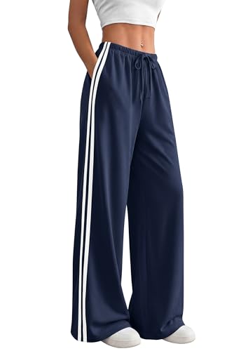 PRETTYGARDEN Womens Wide Leg Sweatpants Striped Drawstring Waist Casual Athletic Track Sports Pants Trousers Workout Clothes (Navy Blue L)